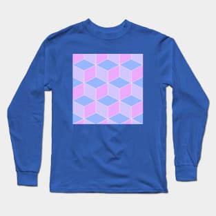 Pastel Pink Blue and Purple Cube Geometric Pattern Long Sleeve T-Shirt